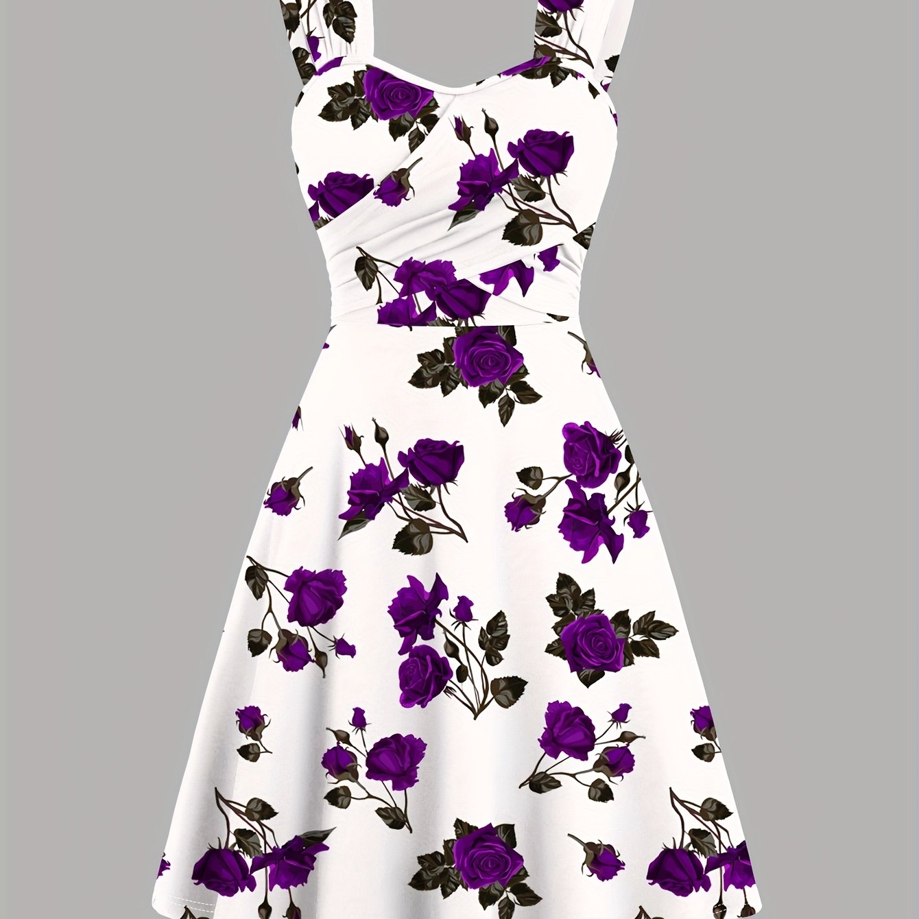 Robe élégante décontractée pour femme, imprimée de roses, plissée sur le devant, à larges bretelles croisées et épaules dénudées