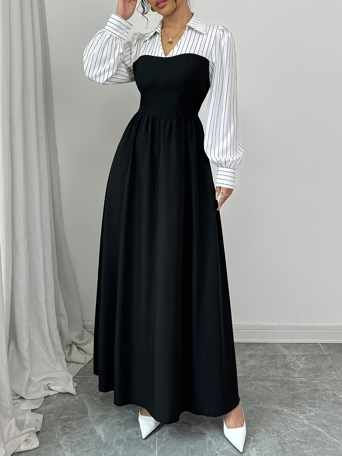 Black and White Striped Print Patchwork Long Dress, Fashionable Elegant Women's Autumn/Winter Maxi Sleeve Dress - Fall Clothing Trends, Ladies Apparel for Halloween & Christmas