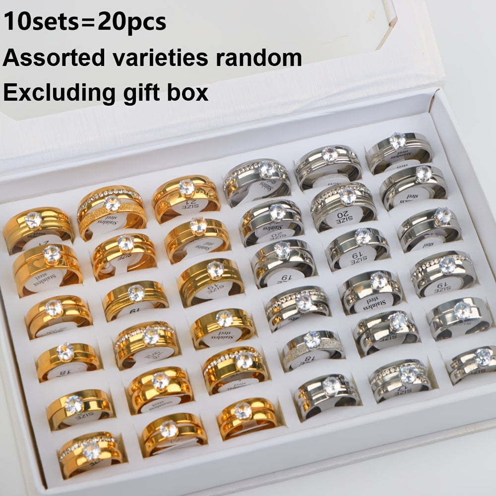 20 Pieces Classic Fashion Romantic, Eternal Love Synthetic Synthetic Zirconia Stainless Steel Rings, Women's and Men's Couple Wedding Ring Sets Jewelry, Proposal EngaSynthetic Gemstoneent Anniversary Valentine'