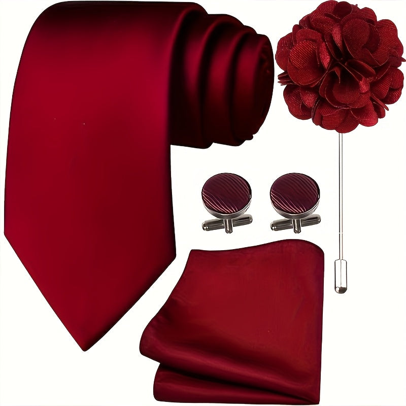 Lot de 5 Accessoires Homme – Cravate, Pochette, Boutons de Manchette et Broche, Ensemble Formelle pour Mariage, Bureau et Fêtes