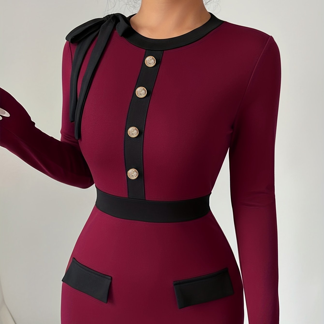 Elegant Color Block Long Sleeve Crew Neck Dress with Shoulder Bowknot | Bodycon Fit, Perfect for Daily Commute and Casual Wear
