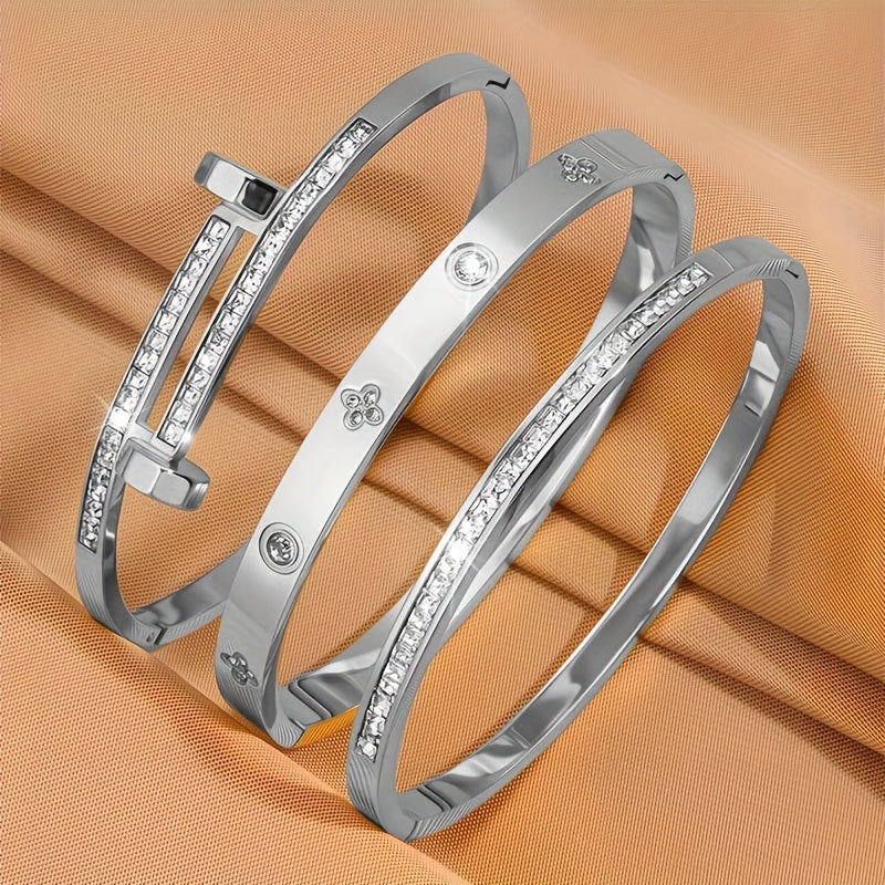 Lot de 3 bracelets en acier inoxydable de luxe léger, sertis de zircon synthétique, design exquis et classique, polyvalents, adaptés à toutes les occasions