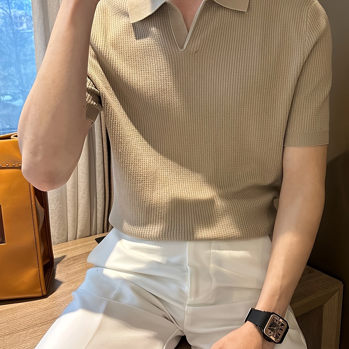 Men's Summer Retro Shirt - Breathable Stretch Knit, Classic Collar, Solid Green Casual T-Shirt, Regular Fit for Casual Attire, Warm Weather Outfit, Timeless Design, Stretchable Material, Short Sleeve Top, Stylish Men