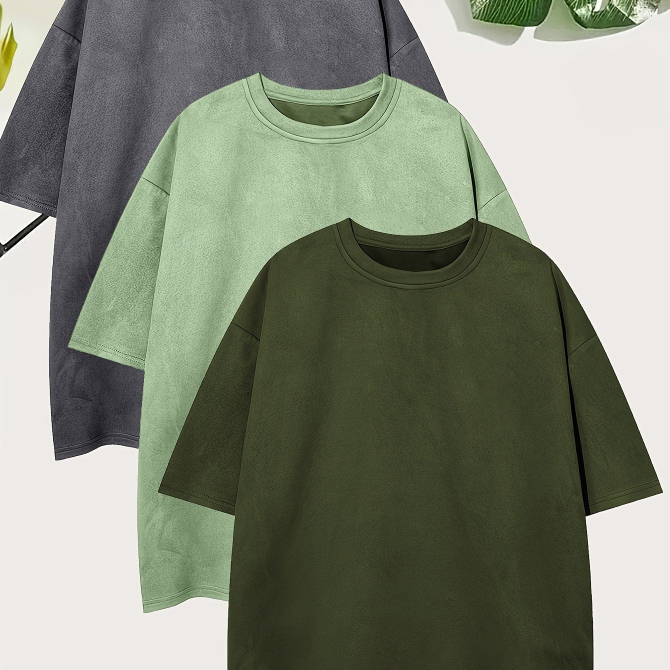 Pearson OBM Men'S Casual Loose Solid Color Faux Suede T-Shirt Set of 3, Short-Sleeve Round Neck Comfortable Tops.