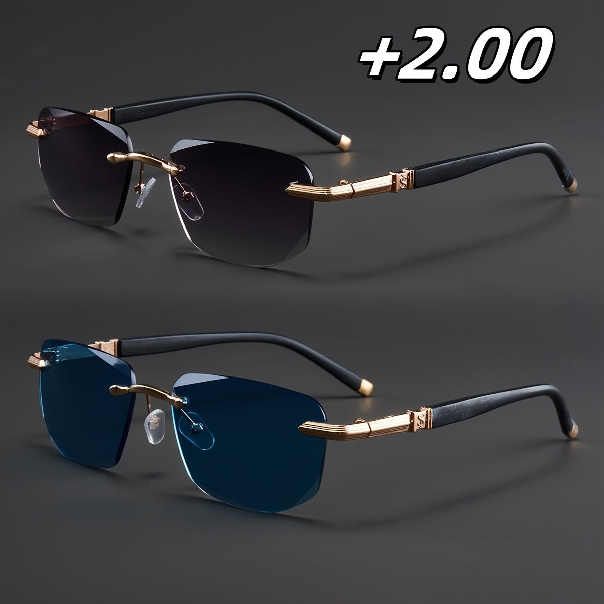 Two Pairs, Bundled Set, Stylish, Men'S, Exquisite, Luxurious, Rimless, Beveled Edge, Reading Glasses, Metal Frame, Options: 100, 150, 200, 250, 300, 350, And 400 Degrees, Without Battery, Christmas Gifts