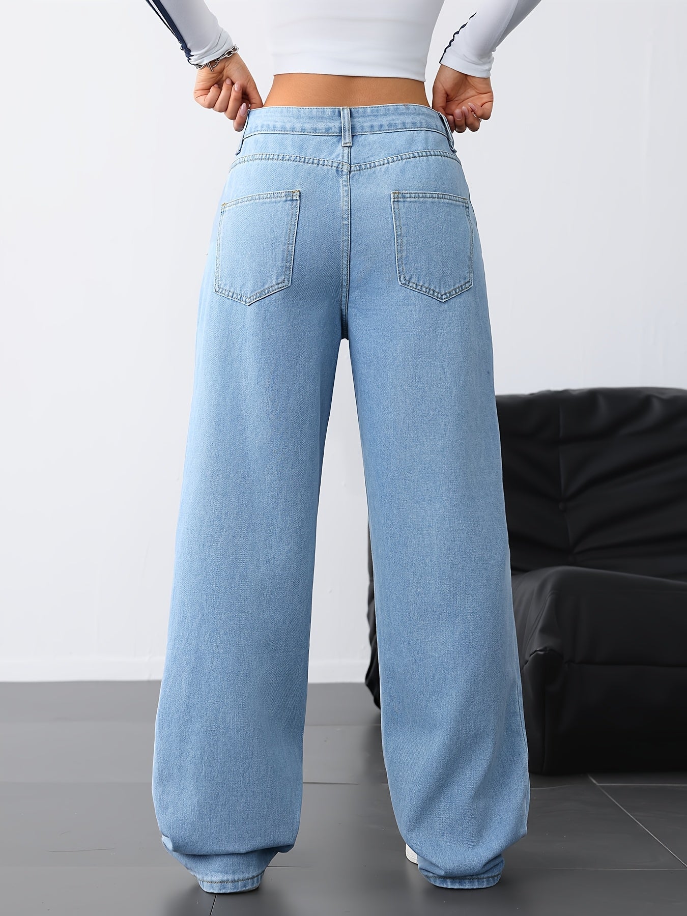 Jeans Femme Jambe Droite Bleu Clair Denim Effet Usé Non Extensible Toute Saison Décontracté Streetwear
