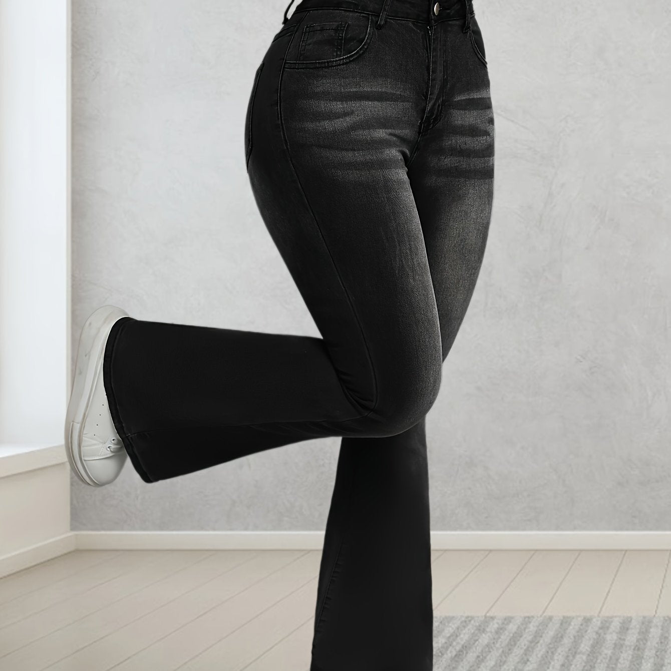 Jeans Femme Taille Haute Évasé Extensible Jambe Large Boutons Ceinture Non Incluse Toute Saison Effet Usé Décontracté et Formel Lavable