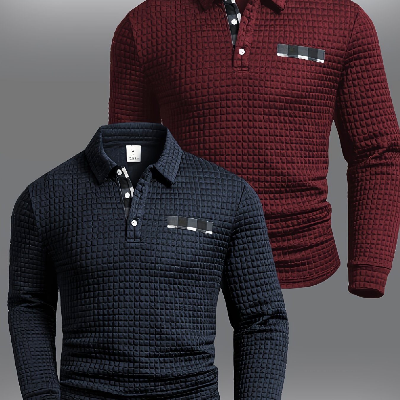 Two Long-Sleeve Polo Shirts with a Digital Print Fabric Featuring a Random Check Pattern, Non-Positioned Plaid Design, Square Check Texture Fabric, Stylish Casual Wear for Everyday Outfits.