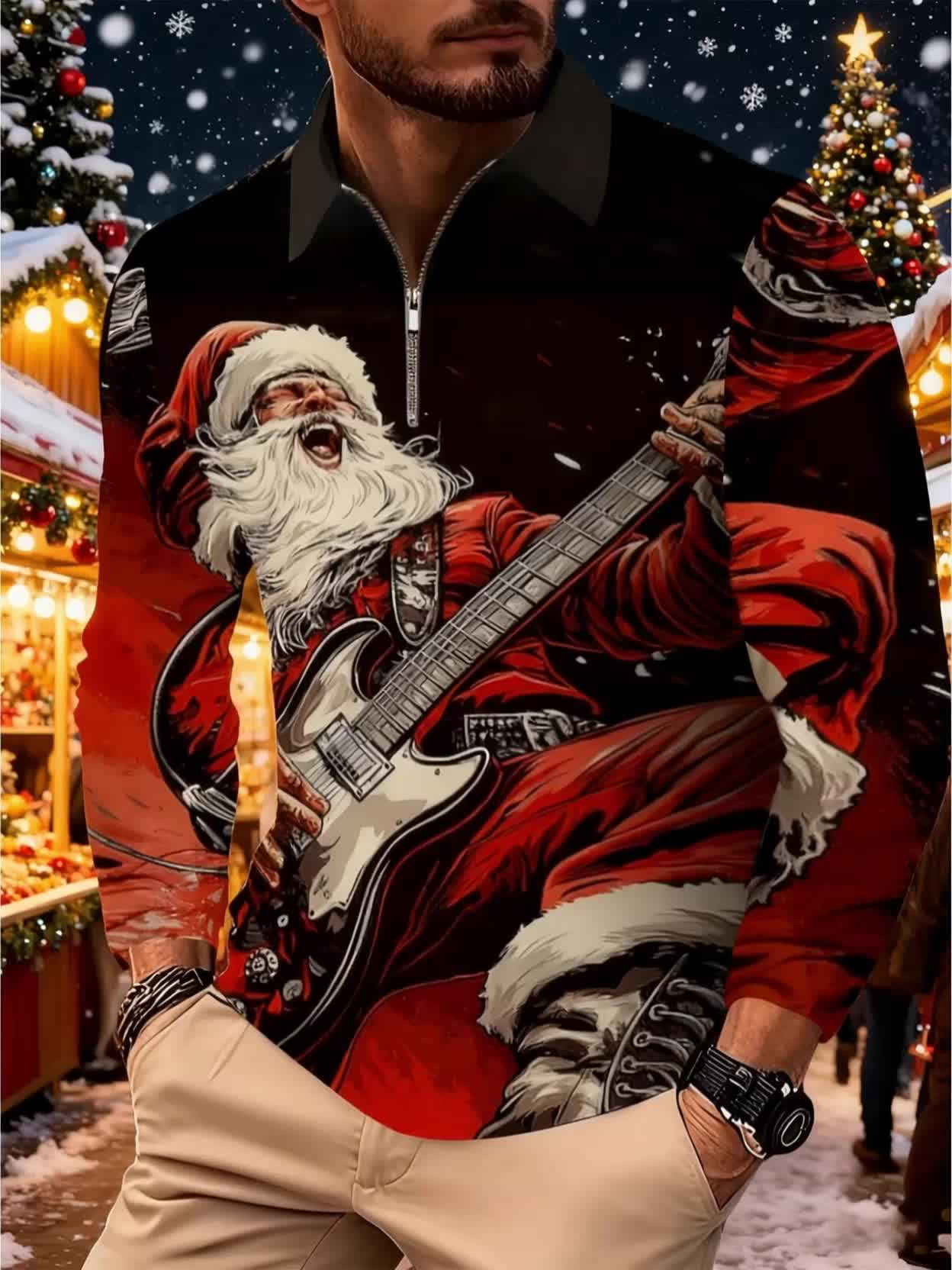 Men's Christmas Santa Rockstar Guitar Print Long Sleeve Knit Shirt - Black & Red Festive Holiday Party Wear, Machine Washable Polyester with Metal Chain Accents, Regular Fit for Autumn Winter Casual Gatherings, Christmas Outf