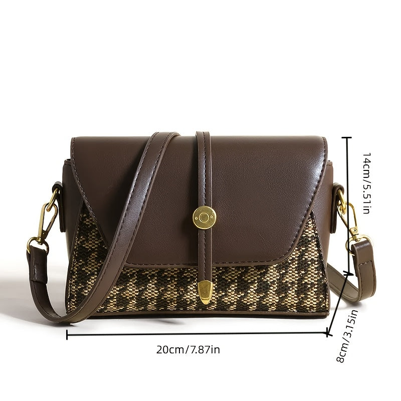 Sac bandoulière élégant – marron foncé uni avec patchwork pied-de-poule, fermeture zippée, doublure polyester, détails de peinture sur les bords, polyvalent pour toutes occasions