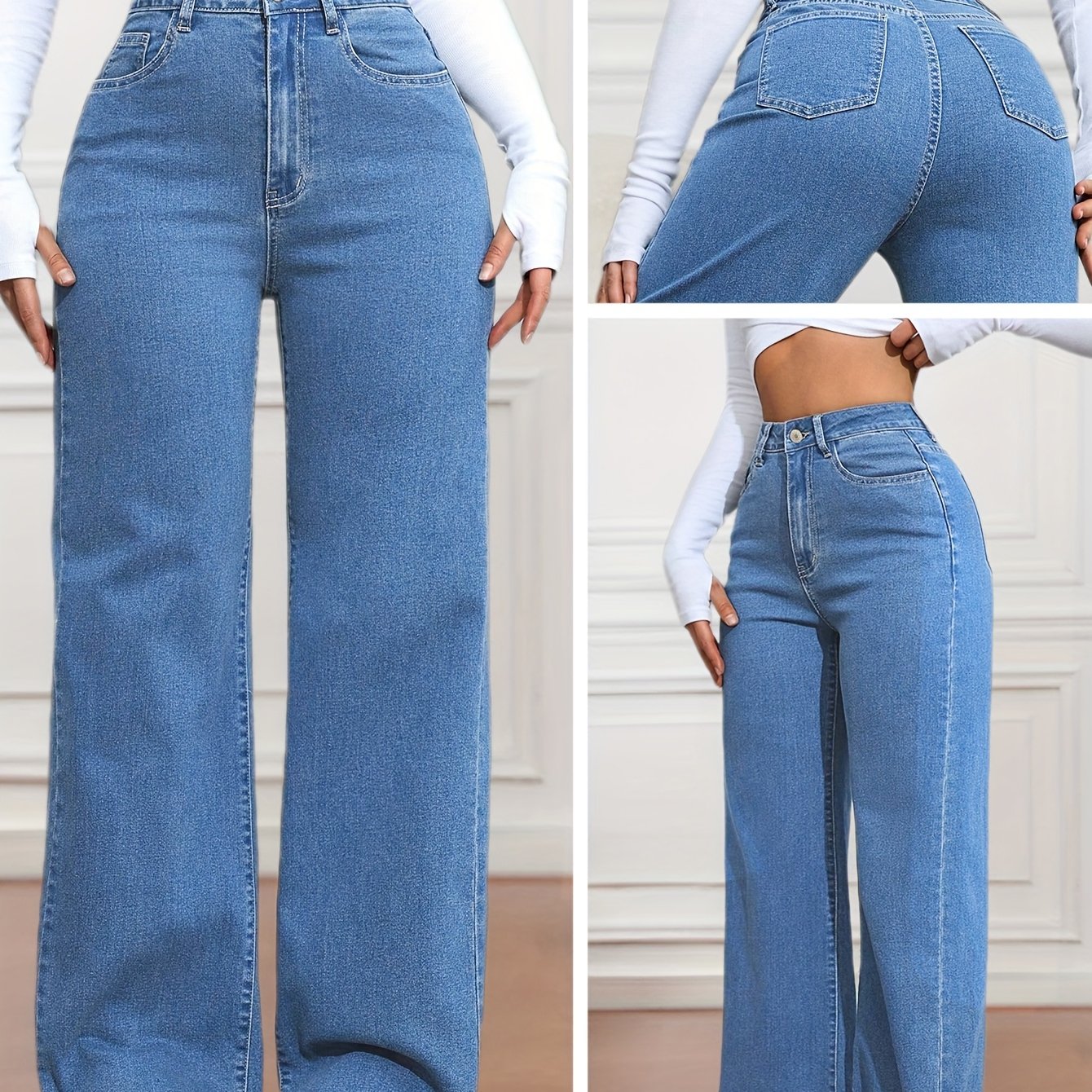 Jeans femme bleu à jambes larges – décontracté, denim extensible, fermeture à boutons, confort toutes saisons, tenue décontractée | jeans larges | tissu tissé