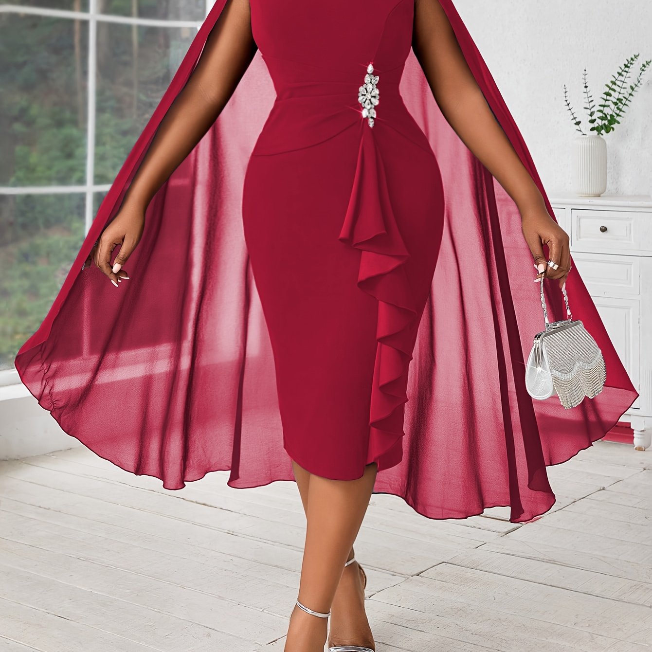 Robe Grande Taille Élégante – Manches Chauve-Souris, Détails en Mesh, Style Cache-Cœur, Mode et Confort