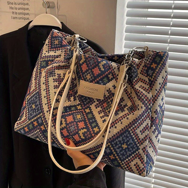 Sac Cabas Femme Ethnique Rétro – Grande Capacité, Réutilisable, Sac à Épaule avec Fermeture Éclair, Design Noir et Bleu, Sac Décontracté pour Voyages et Plage