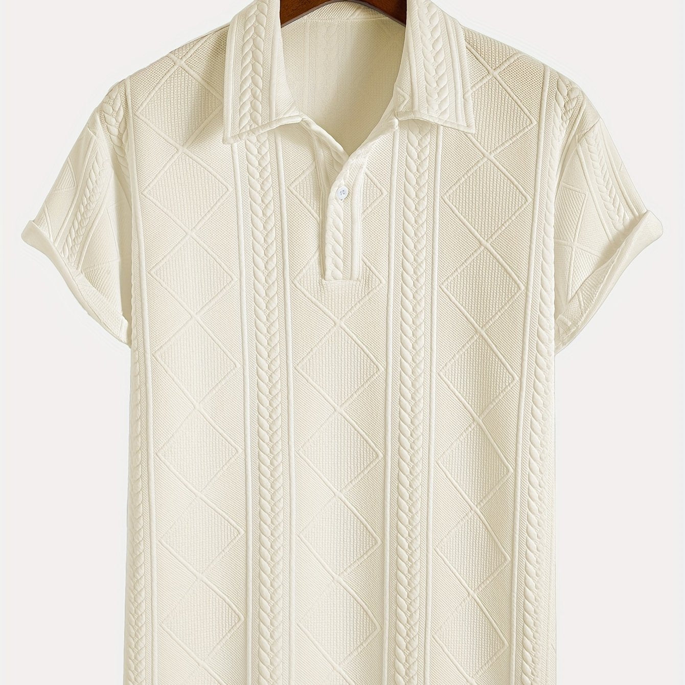 Men'S Stylish Knitted Polo Shirt with Wheat Ear Geometric Patterns, Made from Skin-Friendly Material, Featuring a 4/1 Button Half-Placket, Perfect for Casual Wear, Simple And Versatile for Commuting, Trendy And Fashionable