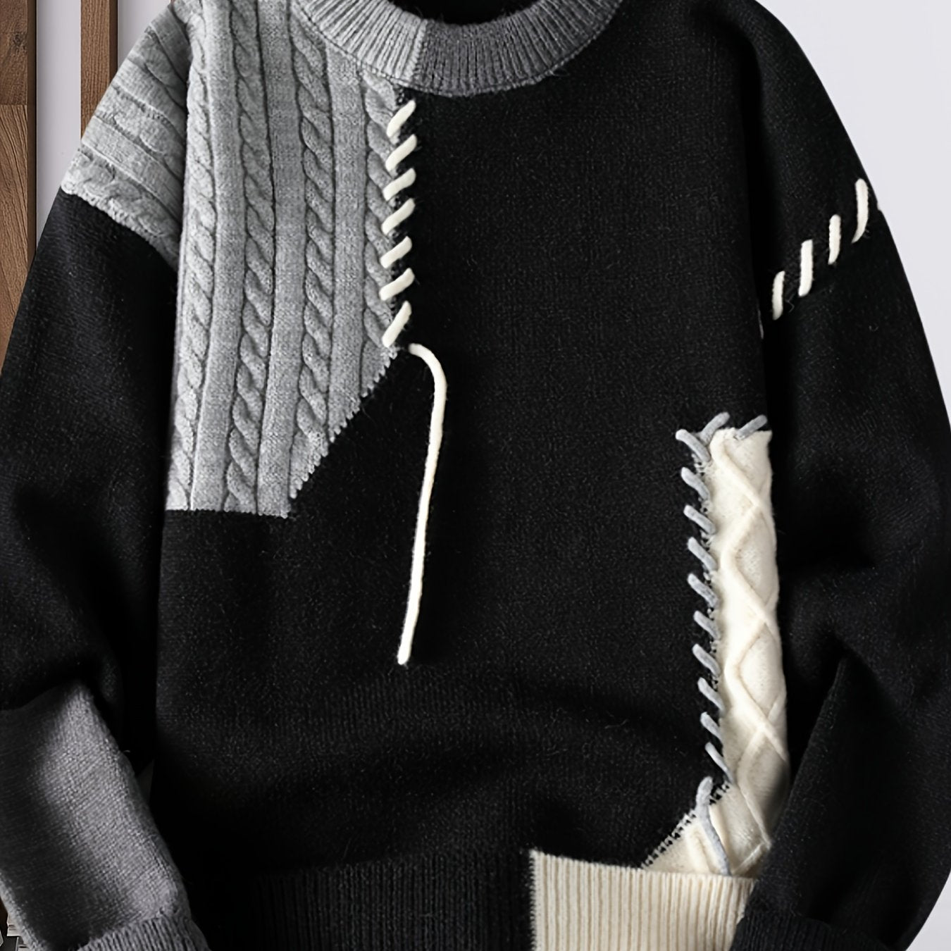 Men'S Korean Style Round Neck Sweater, Youth Fashion Patchwork Ribbed Thickened Warm Knit Shirt, Autumn and Winter New Color Block Casual Base Layer 668