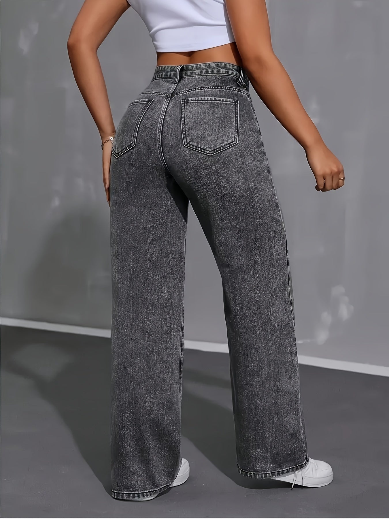 Pantalon Femme Stretch à Jambes Droites – Jean Large à Taille Haute, Finition Gris Délavé Effet Neige, Style Rétro
