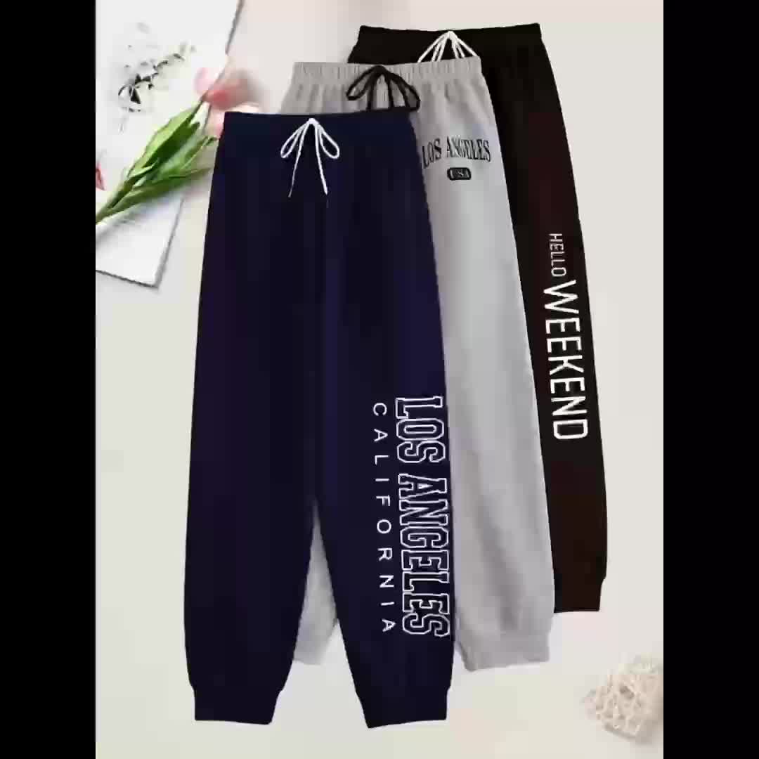 Pantalons lounge pour homme (3 pièces) – mélange polyester, imprimé alphabet, tissu tricot basique, légère extensibilité, coupe régulière, idéals toutes saisons pour détente et pyjama