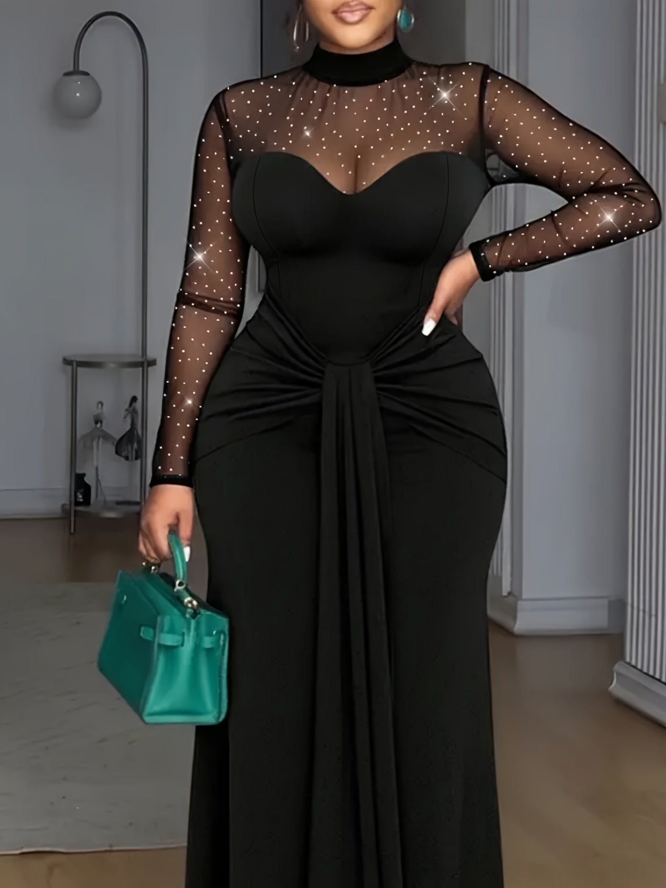 Elegant High Neck Mesh Panel Long Sleeve Bodycon Dress | Solid Color, Contrast Mesh Detail, Knee-Length, Waist Design, Fish Tail Skirt for Spring/Fall