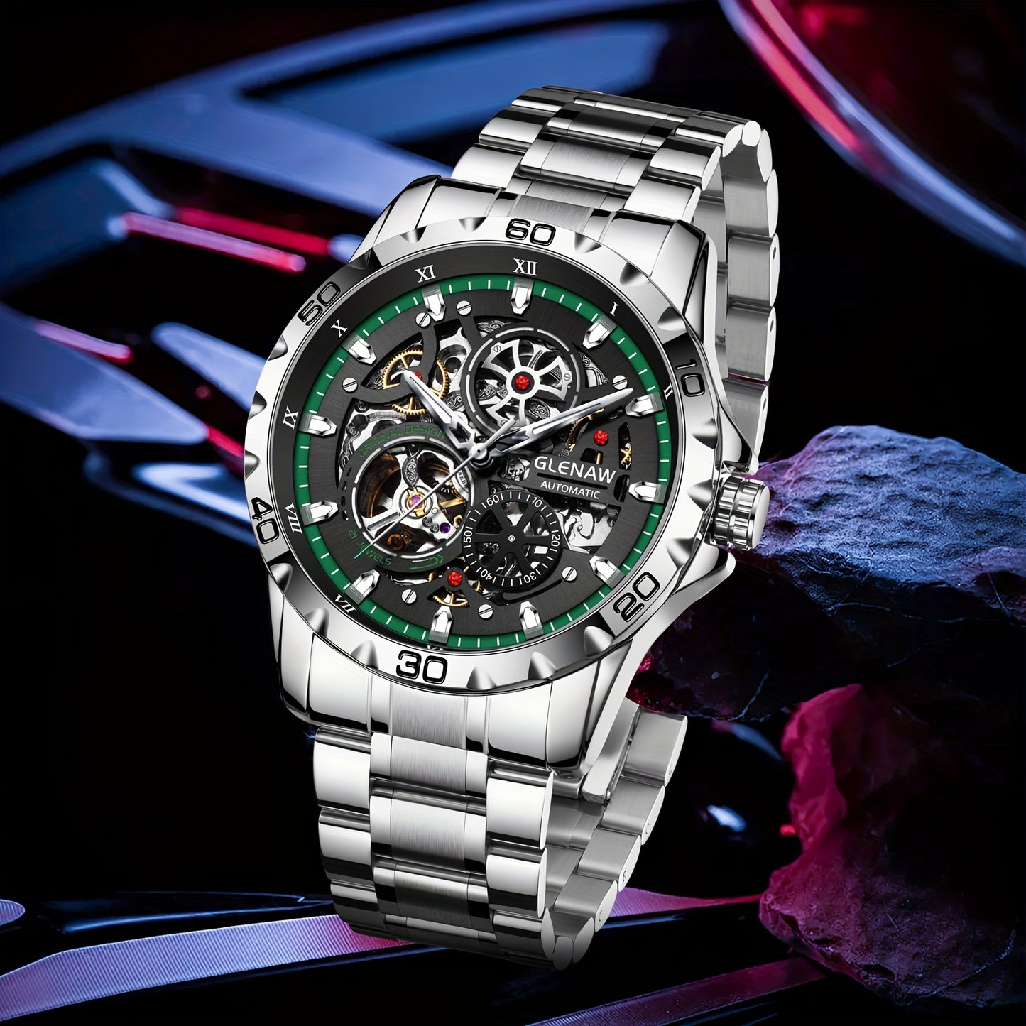 Men's Flywheel Automatic Watch Men's Skeleton Watch Rotating Men's Watch Steel Band Skeleton Self-winding Mechanical Watch