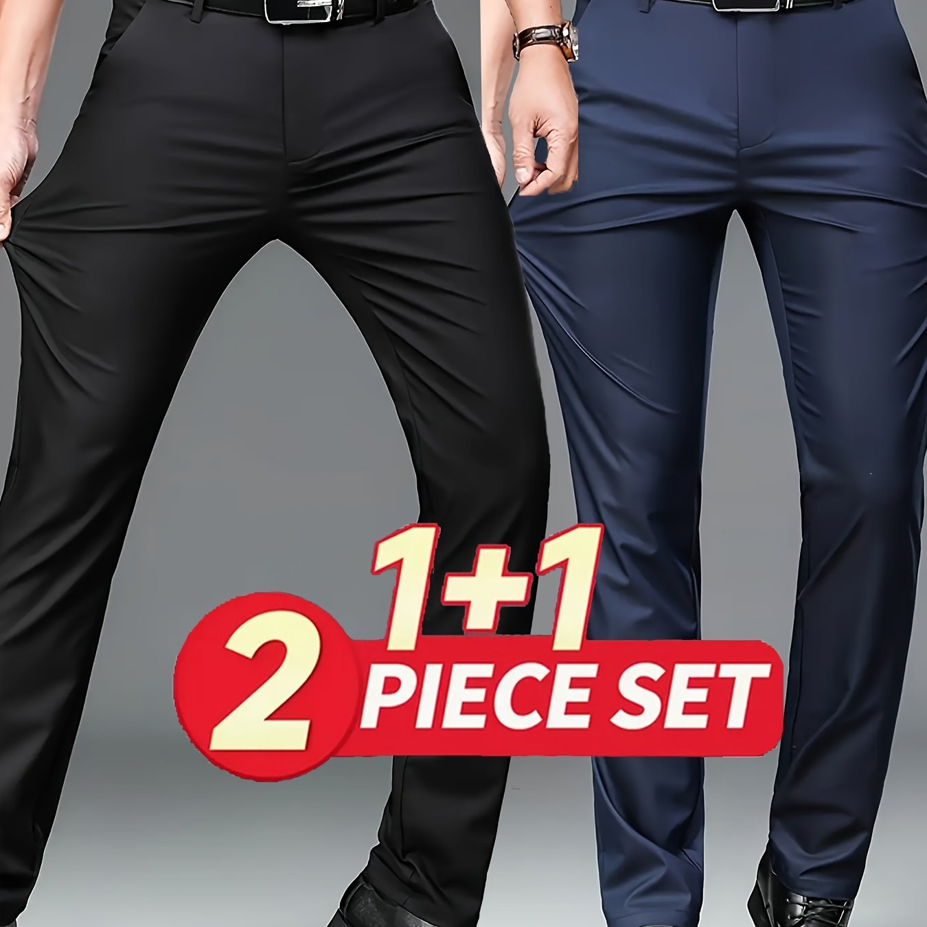 2pcs Pantalons Homme – Business & Casual, Anti-Rides, Taille Élastique, Jambe Droite, Tout Saison