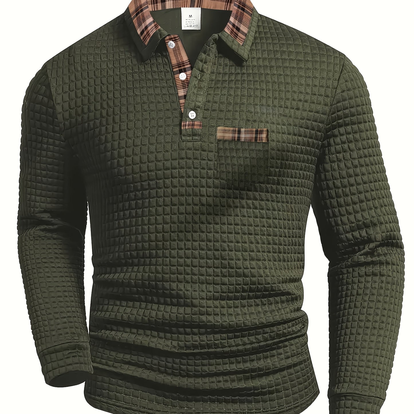 Men'S Casual Warm Long Sleeve Polo Shirt - Gray with Brown & White Plaid Collar, Button-Up Front, Textured Waffle Weave, Perfect for Fall, Casual Wear|Plaid Pattern Shirt|Buttonup Collar Shirt