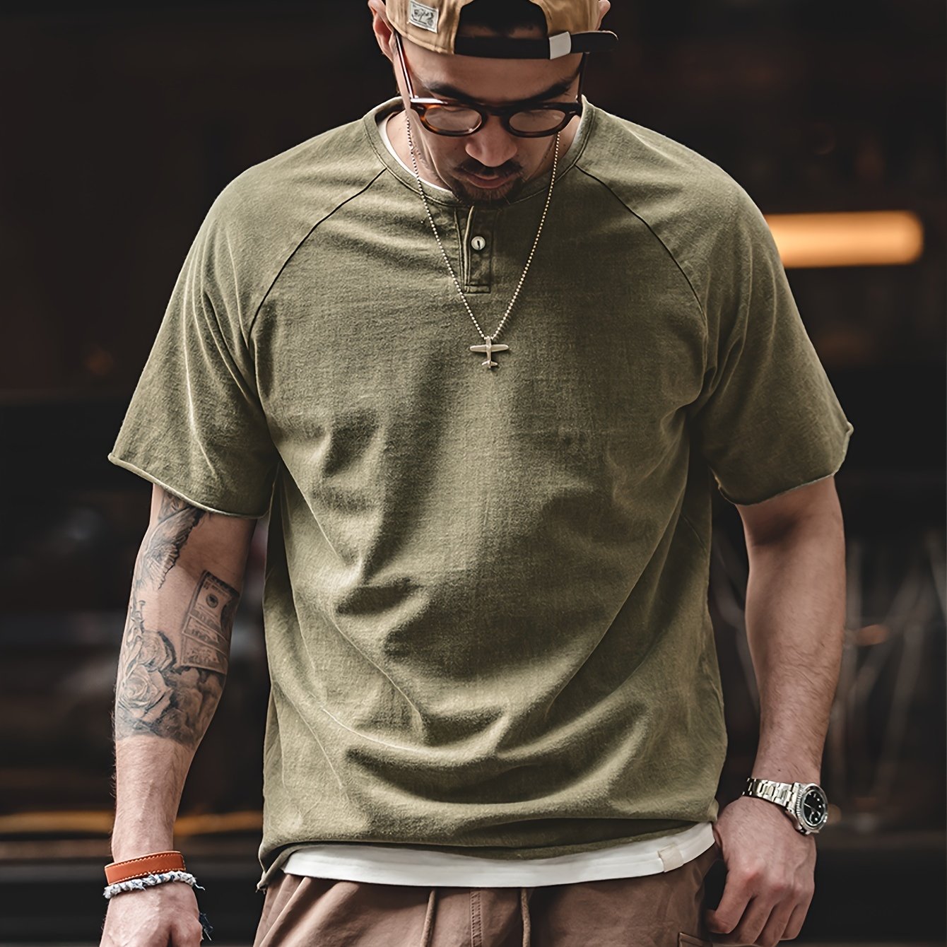 Maden Men's Casual Henry T-Shirt Vintage Inspired Enzyme Wash Tee Slim Fit Stretch Short Sleeve Tshirt, Weekend Attire, Streetwear Style, Distressed Look, Retro Tshirt, Soft, Stretch Fabric, Fitted Shirt, Casual Wardrobe, Urb