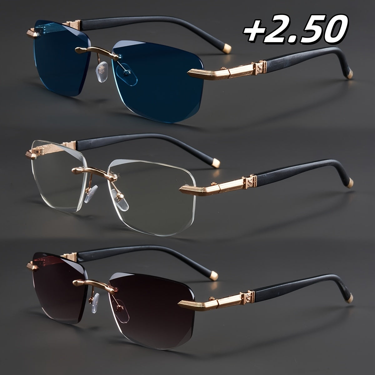 3-Pack, Stylish Men's Frameless Reading Glasses, Elegant Metal Frame, Options: 100, 150, 200, 250, 300, 350, 400 Degrees,christmas Gifts