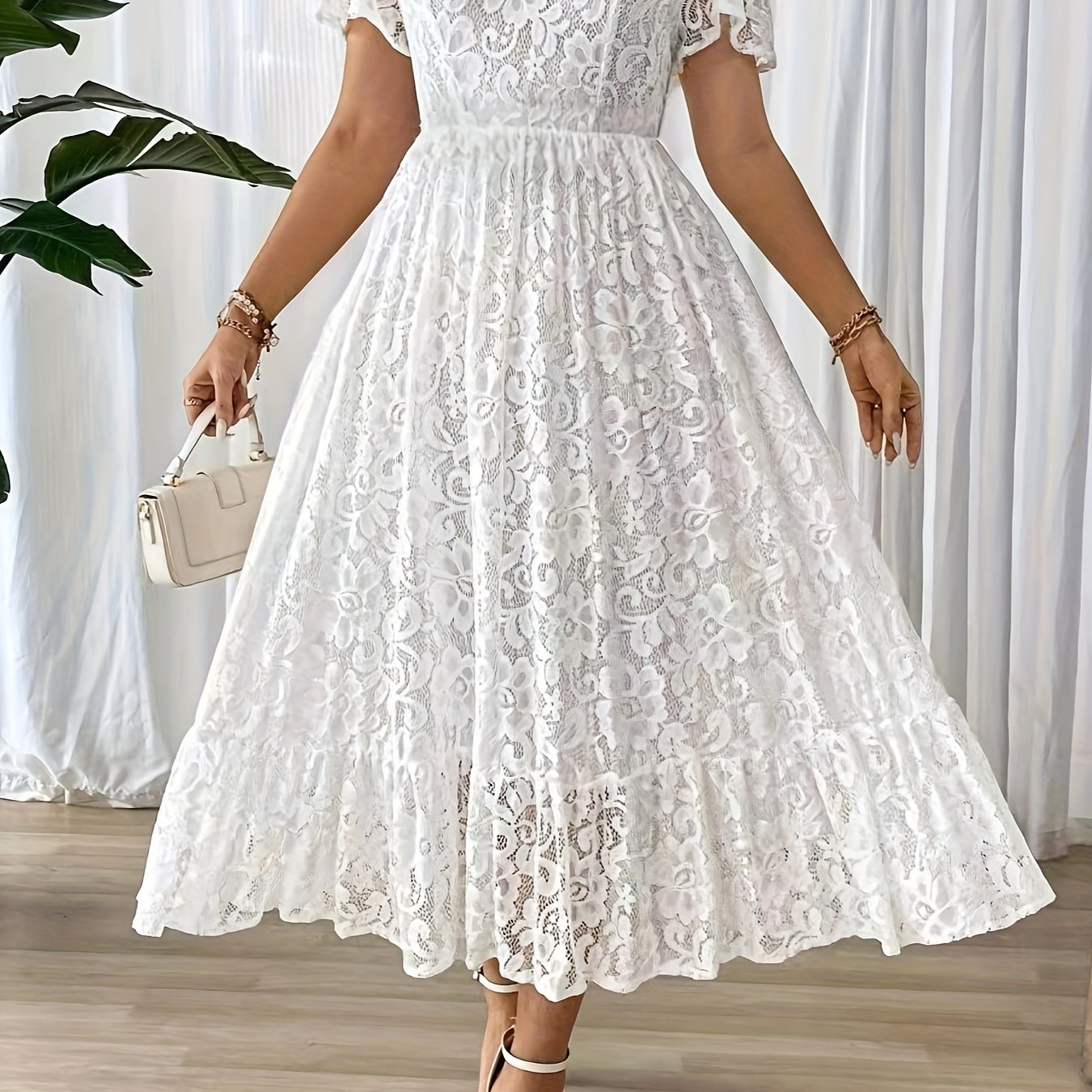 Robe Longue Grande Taille Élégante – Col Dentelle, Bas Smock, Couleur Unie Noire, Coupe A-Ligne, Idéale Soirées, Mariages et Événements Formels, Lavable en Machine