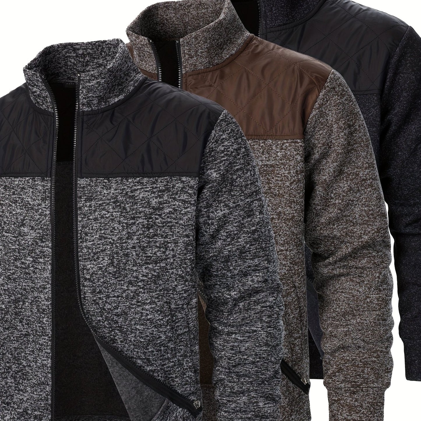 Lot de 3 Sweatshirts Homme en Polaire – Zip, Marron, Manches Longues, Col Montant, Décontracté, Golf et Camping, Lavable en Machine