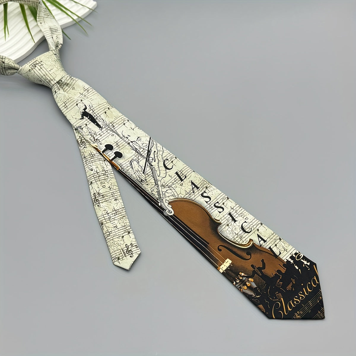 1pc Cravate Homme – Motif Violon et Notes de Musique, Polyester, Marron & Noir, Pour Tenues Formelles