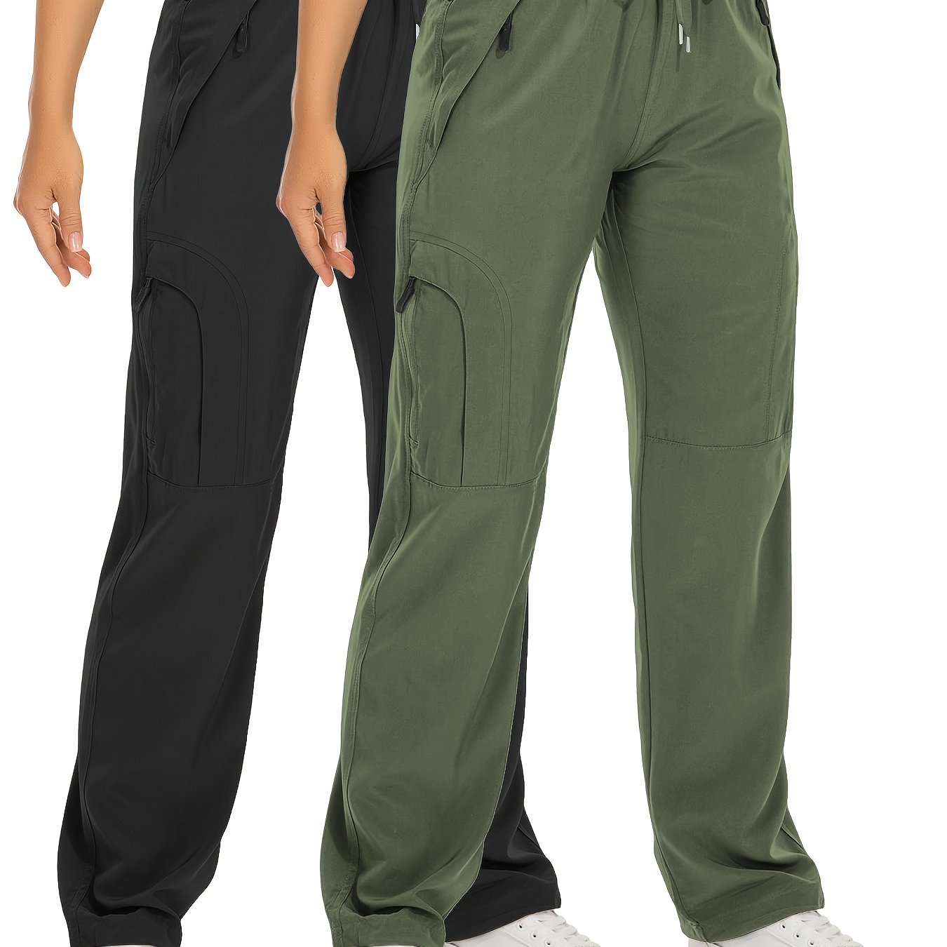 Lot de 2 Pantalons Cargo Femme – Poches Zippées, Tissu Respirant et Séchant Rapidement, Extensible, Automne, Noir et Blanc