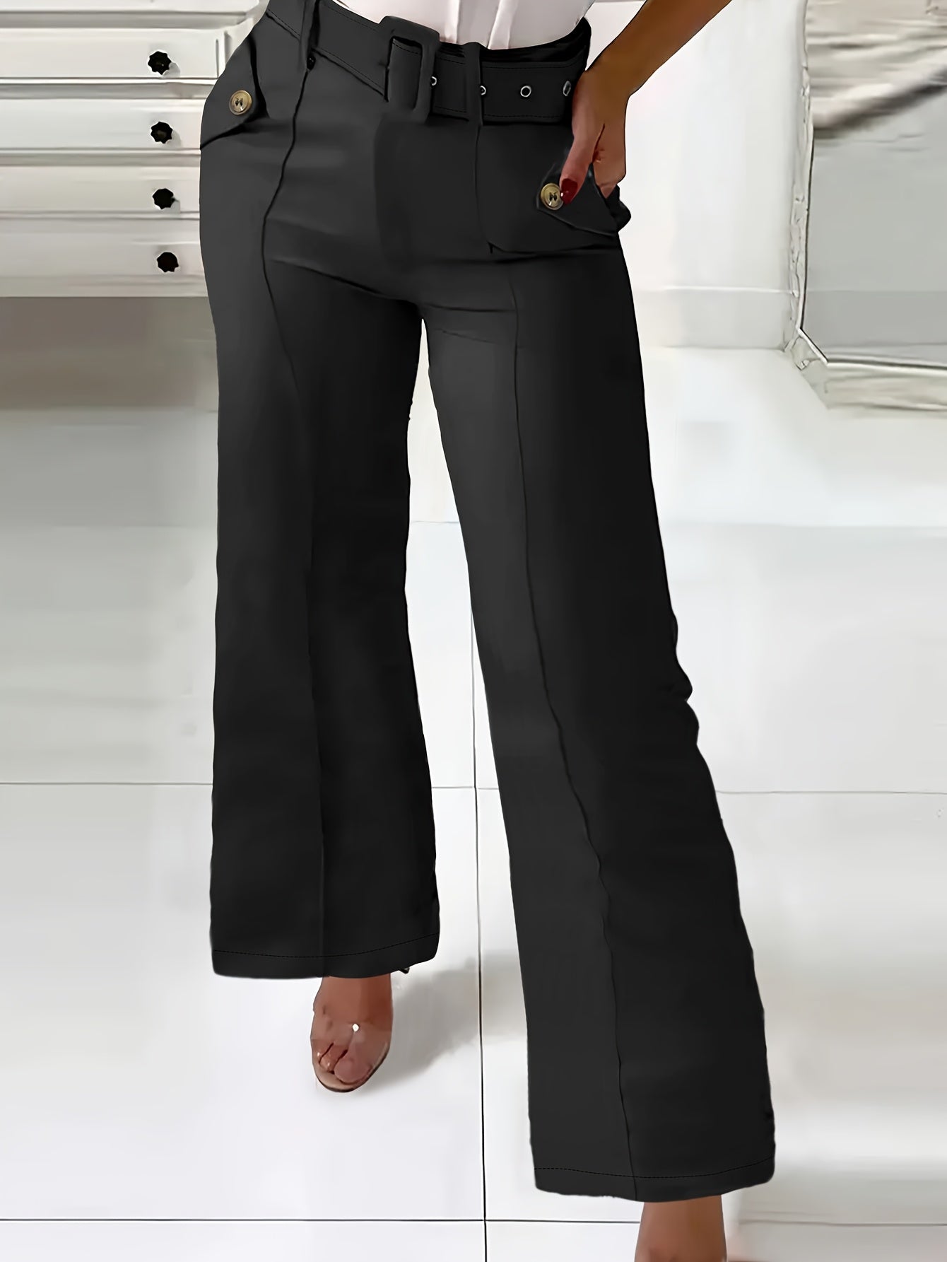 Pantalon Femme Taille Haute Jambe Large – Noir, Ceinture et Poches Obliques, Confortable et Décontracté