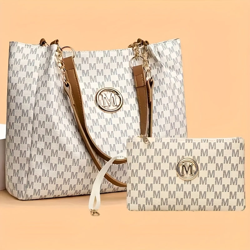 Ensemble 2pcs sac cabas femme à motif floral vintage – grande capacité avec bandoulière chaîne et petite pochette. Idéal pour le quotidien et les voyages.