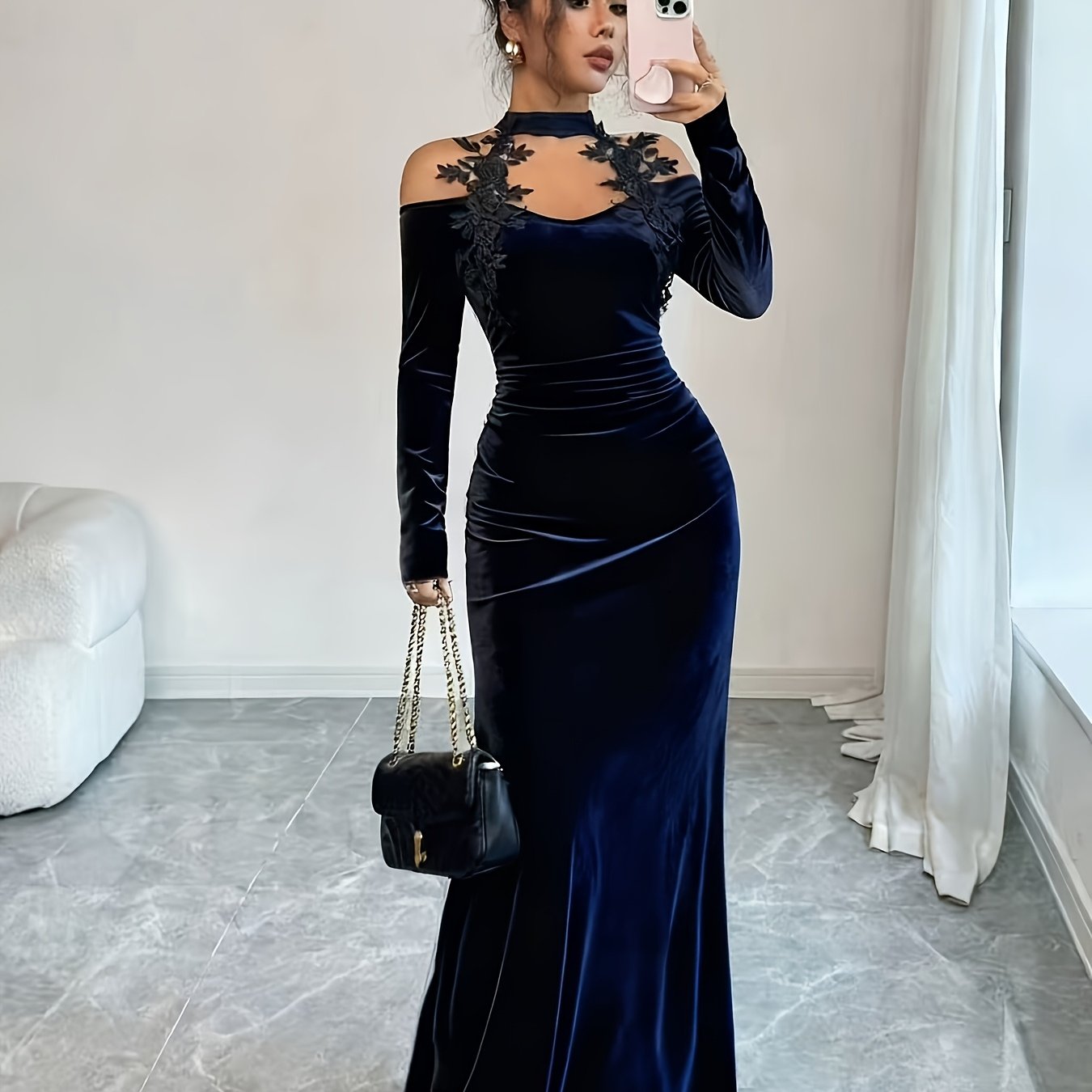 Elegant Velvet Halter Neck Strapless Dress with Embroidered Floral Details | V-Neck, A-Line Mermaid Skirt, Pleated Waist, Suitable for Street Dates, Daily, Parties