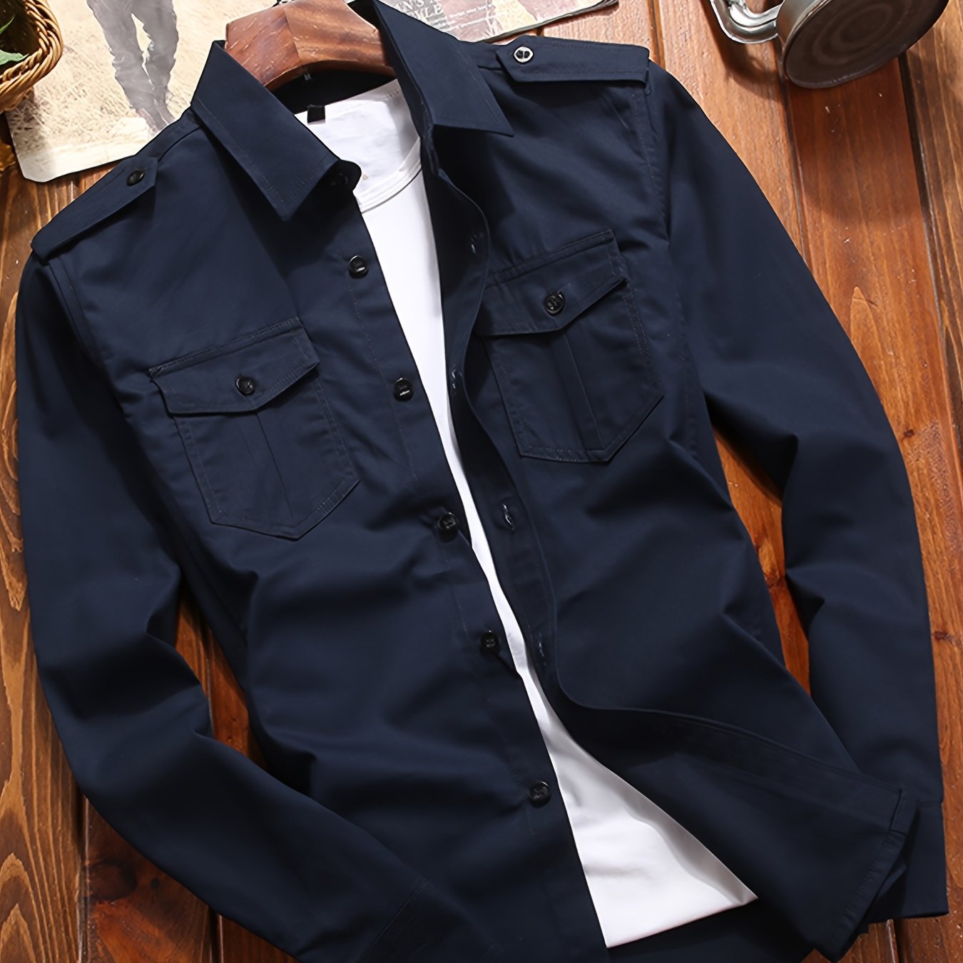 New Casual Men's Business Gentleman Square Collar Long Sleeve Multi-Pocket Army Green Shirt