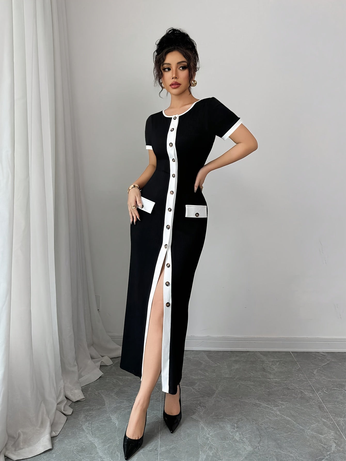 Elegant Casual Front Button Western Color-Trimmed Women's Dress