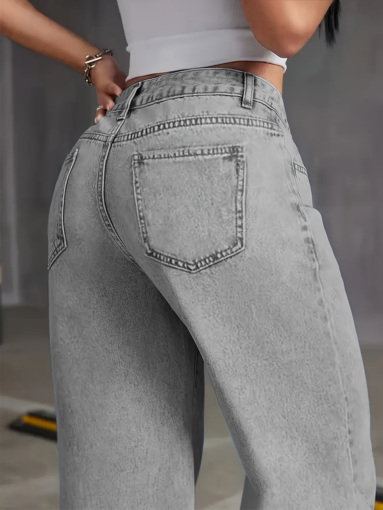 Jeans Femme Taille Haute Gris Effet Usé Jambe Large Rétro 90s Non Extensible Décontracté Streetwear Longue Toute Saison Durable