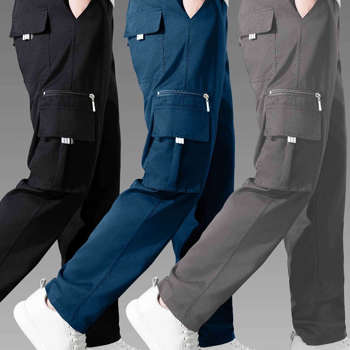 3pcs Pantalons Cargo Homme – Casual, Multipoches, Jambe Droite, Polyester, Regular Fit