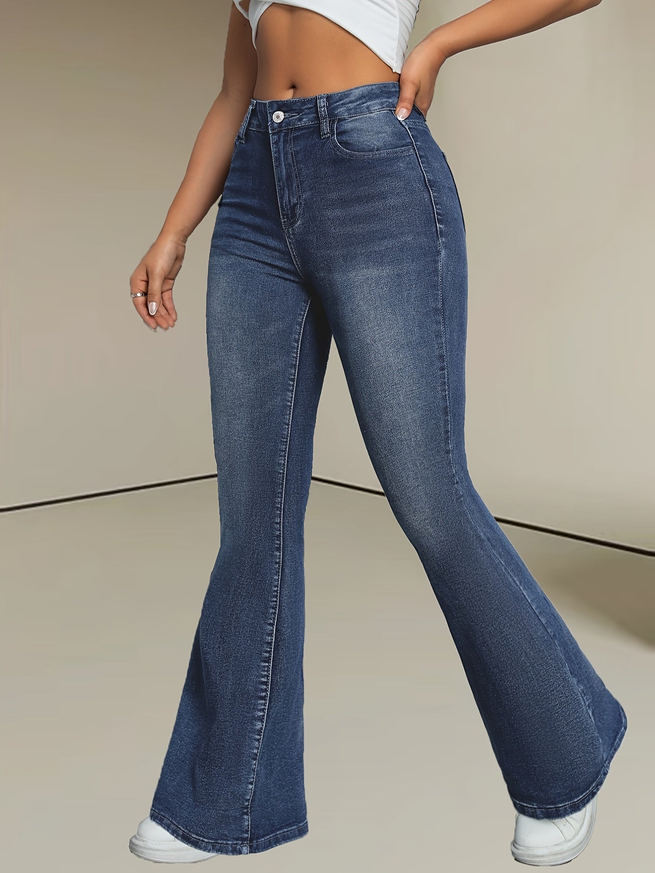 Jean Femme Évasé Bleu Décontracté Fermeture Zip Boutons