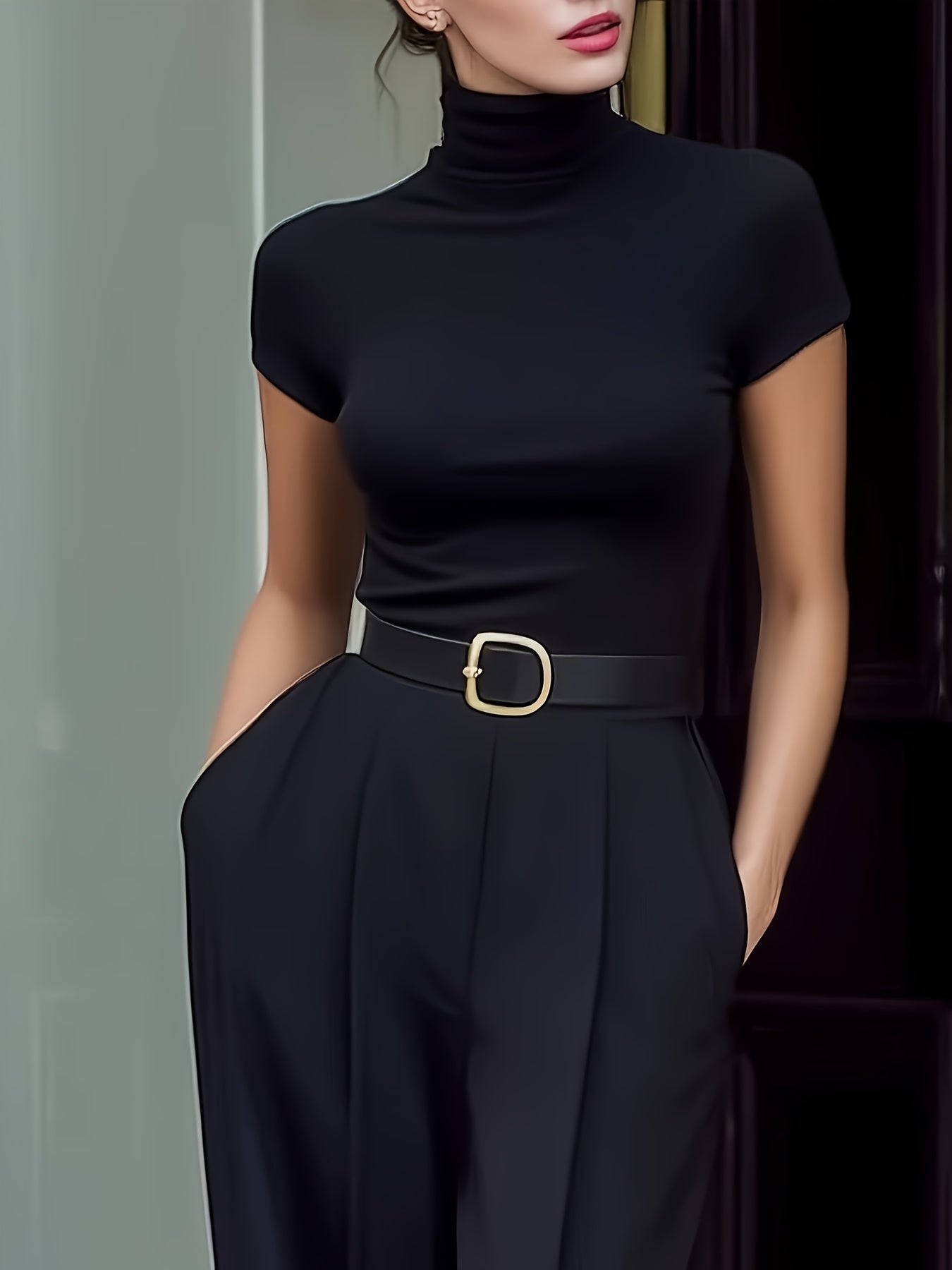 Ensemble Femme – Haut Col Roulé et Pantalon Taille Haute, Sans Ceinture