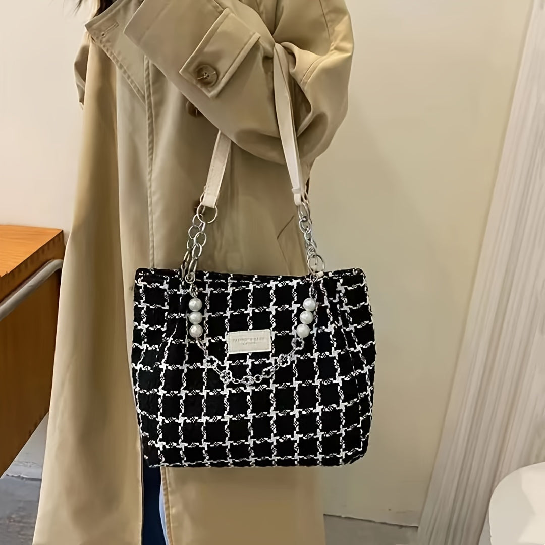 Sac cabas femme – grande capacité, motif pied-de-poule noir et blanc, poignée poignet, chaîne décorative, fermeture éclair, hardware doré, pratique pour voyage et usage quotidien