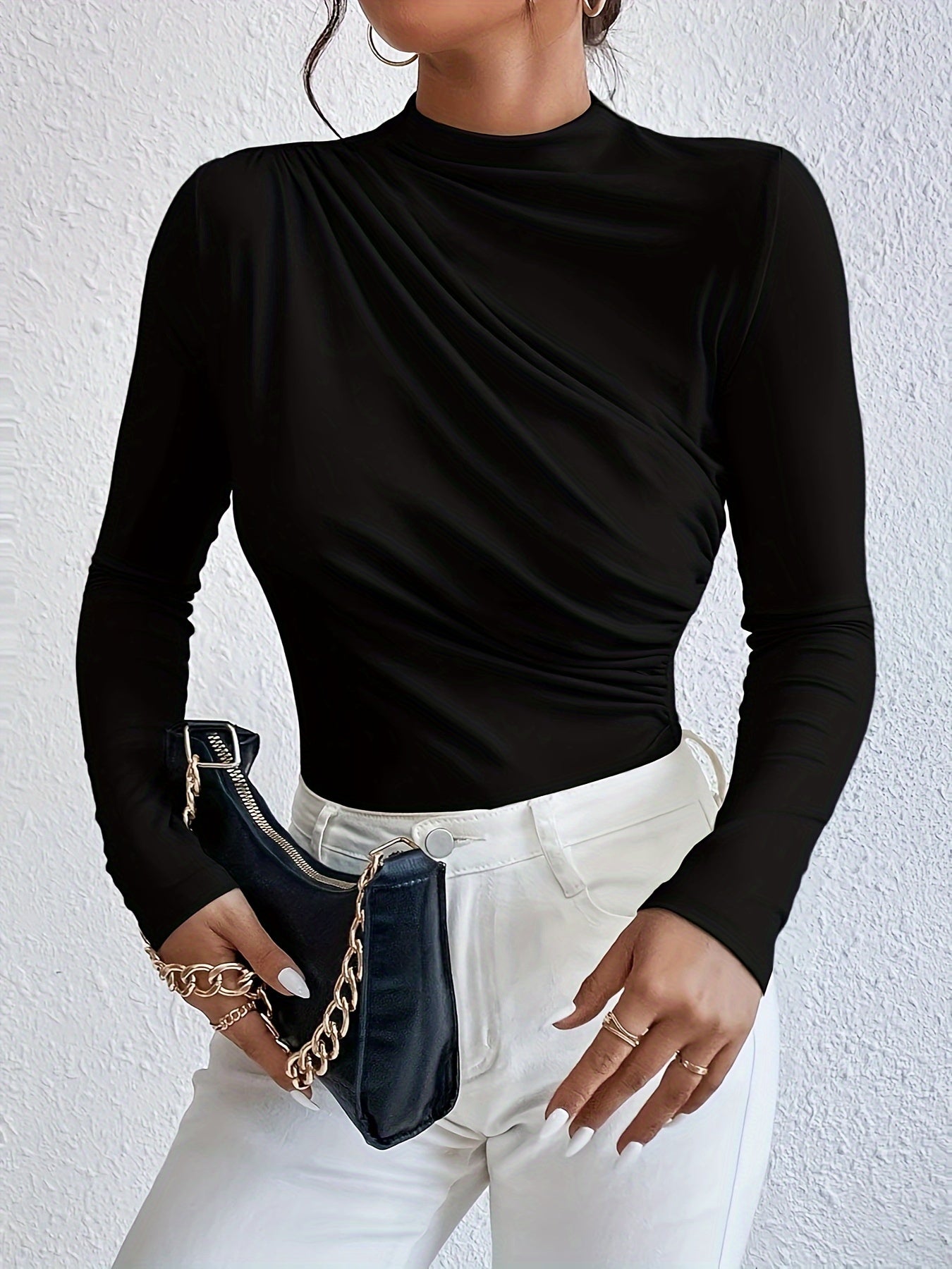 Body femme à manches longues en maille côtelée, col montant mi-haut, détails plissés, coupe slim, couleur noire, essentiel pour superposer en automne et hiver, lavable à la main, sans coutures, look élégant et tissu extensible