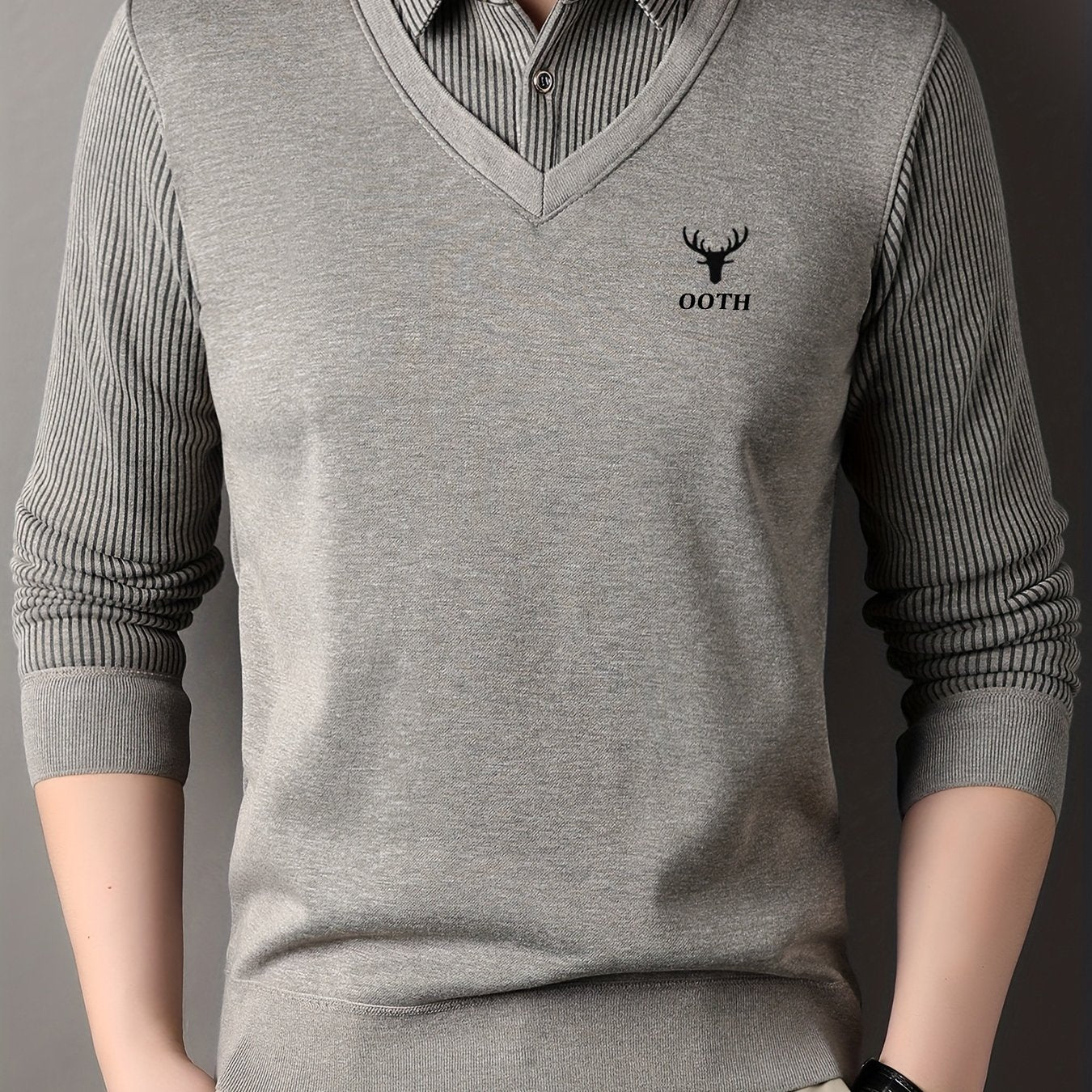 Men'S Spring And Autumn Thin Fake Two-Piece Lapel Button Long-Sleeved Knitted Pullover, Chest Embroidery, Button Placket, Suitable for Daily Commuting, Travel And Office And Other Scenes, Is The First Choice for Gifts