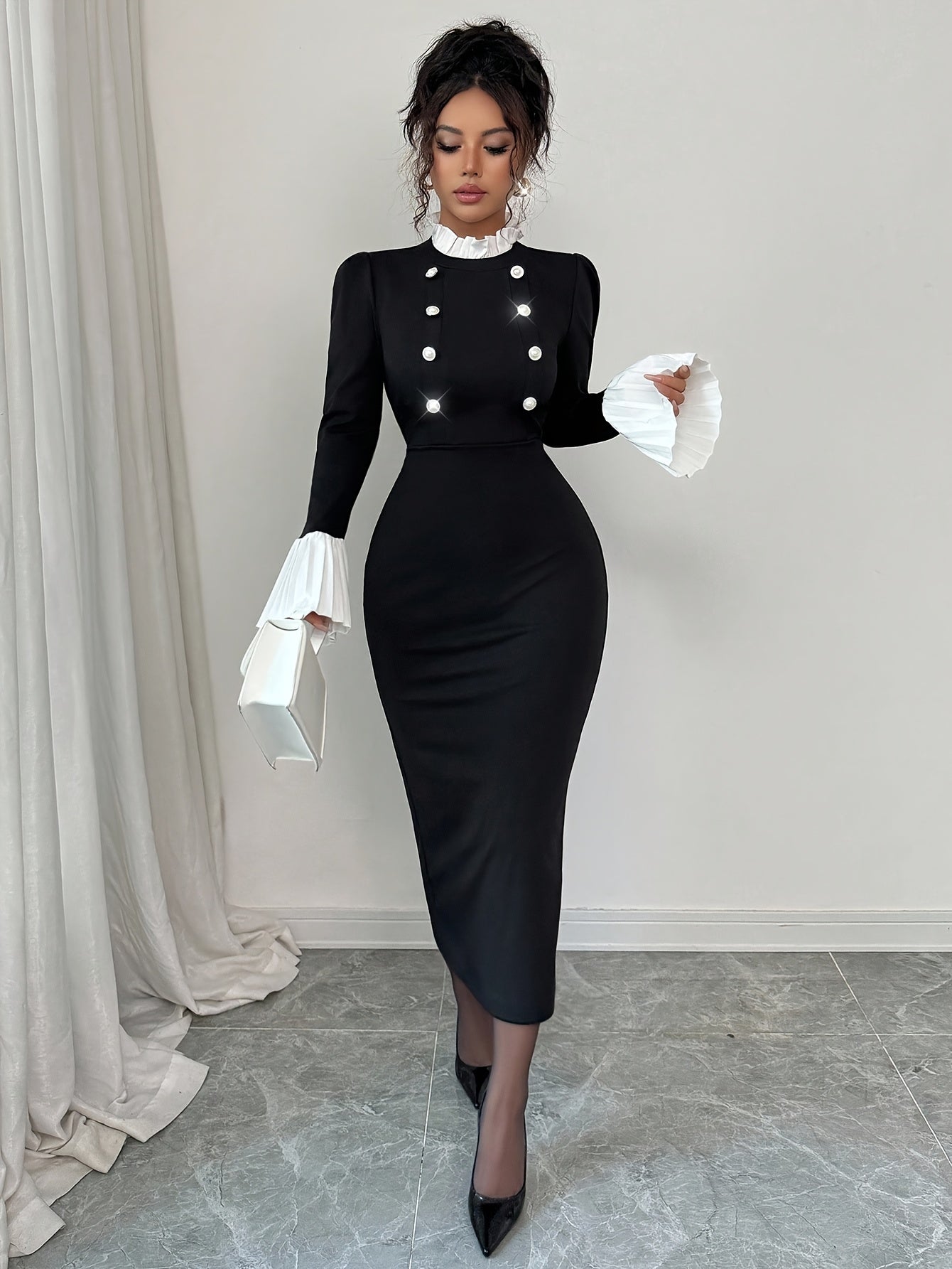 Robe Femme Élégante Maxi pour Soirée et Quotidien — Manches Longues, Fermeture Boutons sur le Devant, Coupe Flatteuse, Parfaite pour Soirées, Bureau et Rendez-vous, Port Toute Saison, Style Sophistiqué, Fini Poli, Tenue Chic