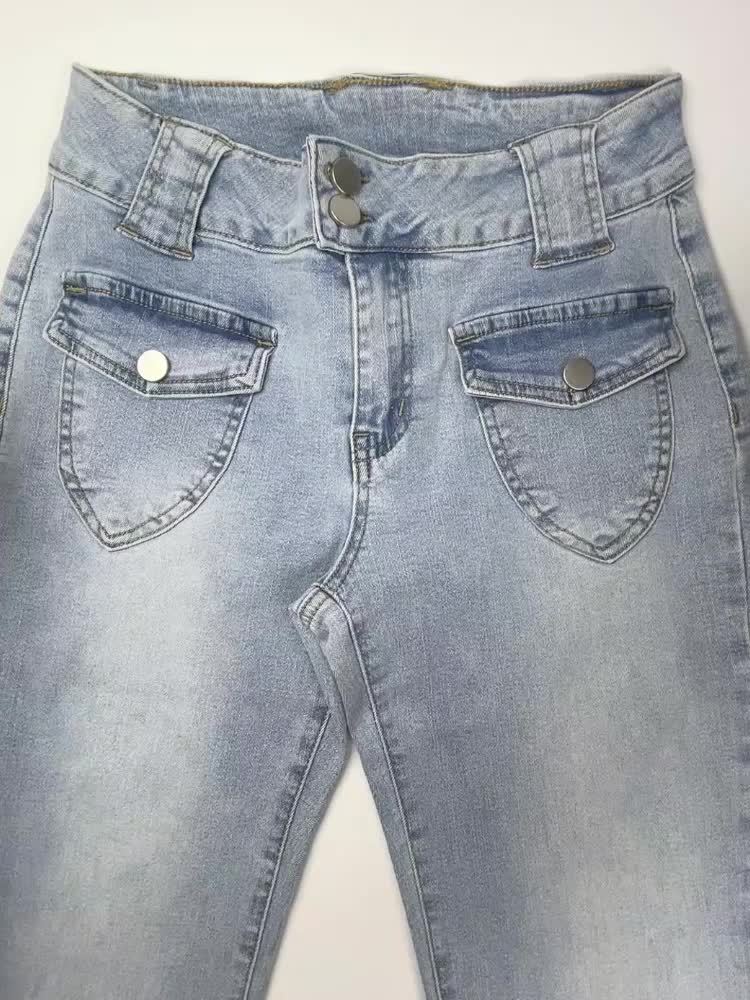 Jeans Femme Sexy Rétro Taille Basse Slim-Fit Évasé Extensible Bleu Clair Effet Usé Poches Utilitaires Double Boutons Zippé