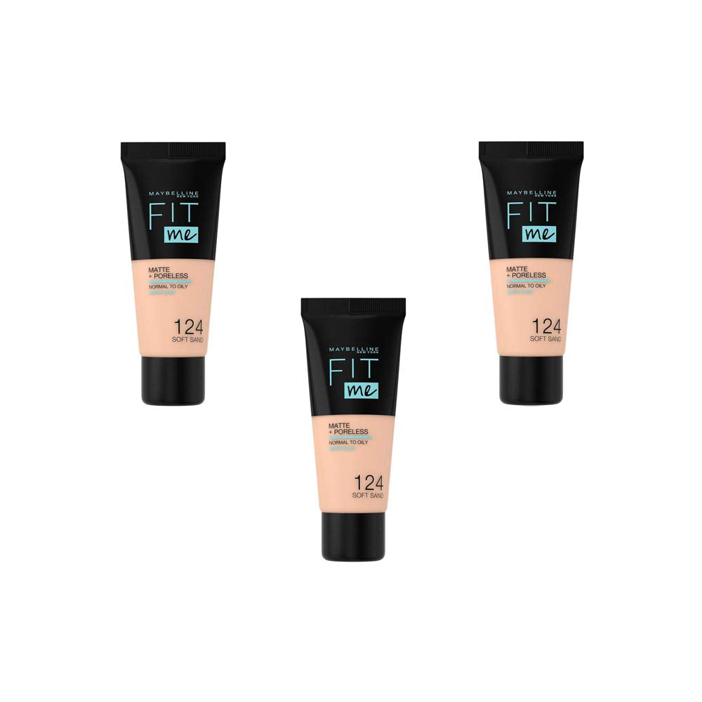 Lot de 3 Fonds de Teint Liquides Fit Me Matte & Poreless – Teinte 124 Sand (3 x 30 ml), Fini Mat & Sans Pores, Couvrance Naturelle Longue Tenue