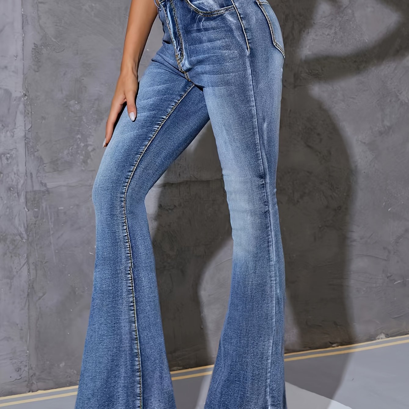 Jeans Femme Taille Haute Évasé Extensible Slim Boutons Longueur Totale Bleu Clair Effet Usé Décontracté Toute Saison Non Transparent