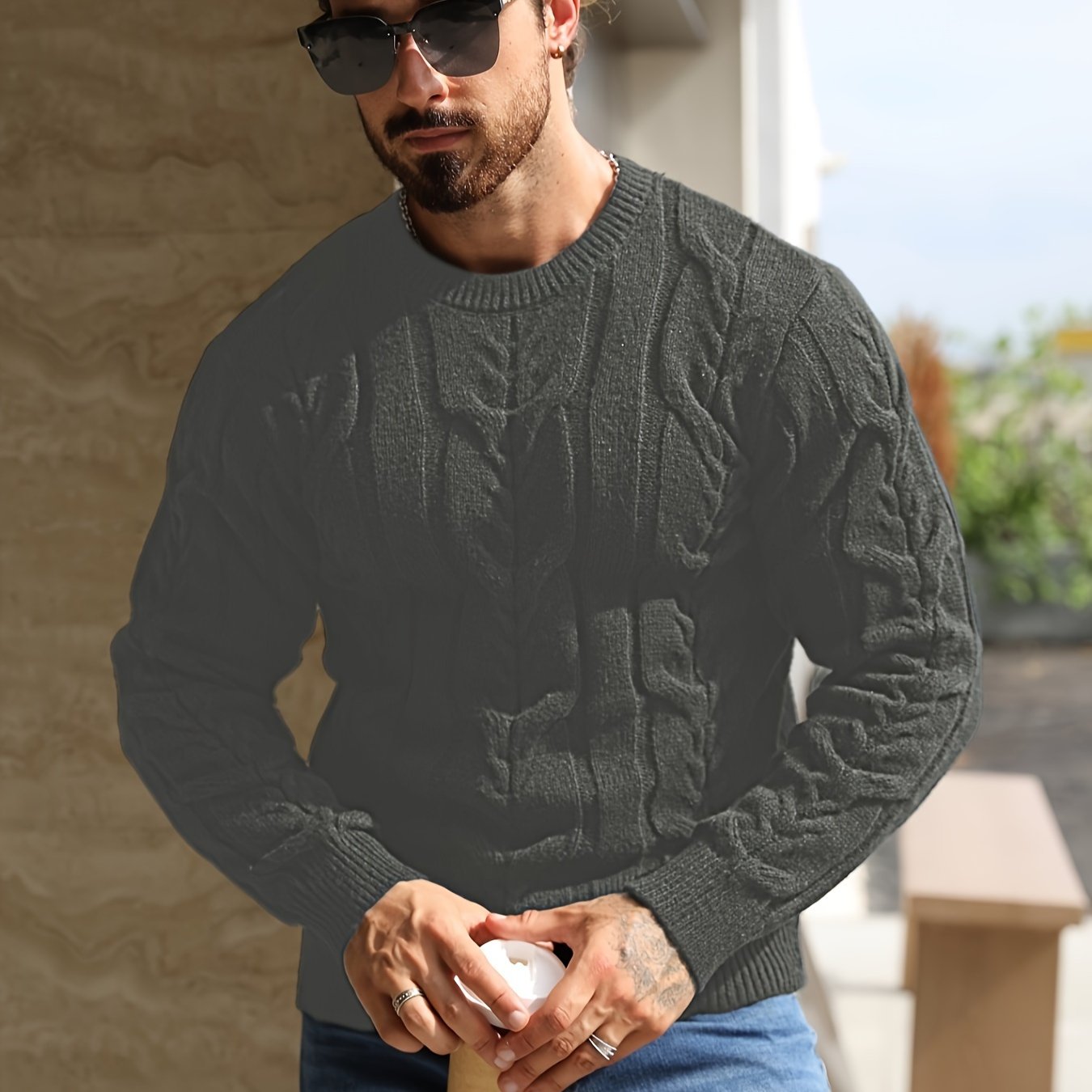 Men's Casual Striped Pullover Sweater - Soft Stretch Knit Crewneck Long Sleeve, Machine Washable H-Fit Ribbed Trim for Autumn Winter, Medium Elasticity Fabric