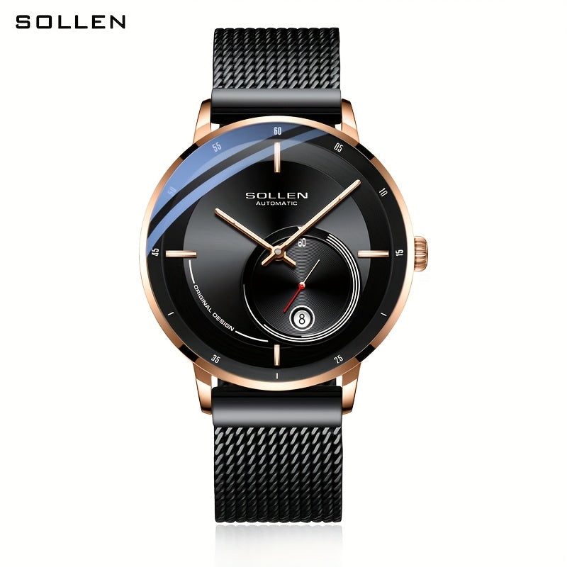SOLLEN Men'S Automatic Mechanical Watch with Luminous Hands, Date Display & Calendar - Stainless Steel Strap, Skeleton Design, Mechanical Movement - Ideal for Birthdays, Valentine'S Day, Father'S Day, Wedding Anniversary Gift