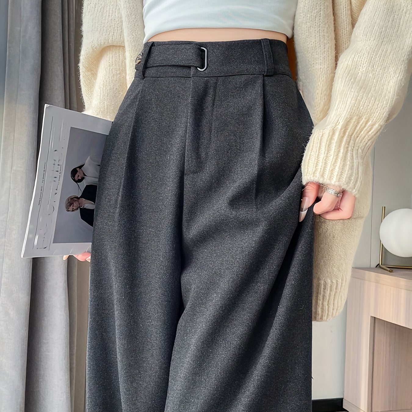 Pantalon Femme en Tweed – Gris, Taille Haute, Jambe Droite, Automne/Hiver, Sans Ceinture